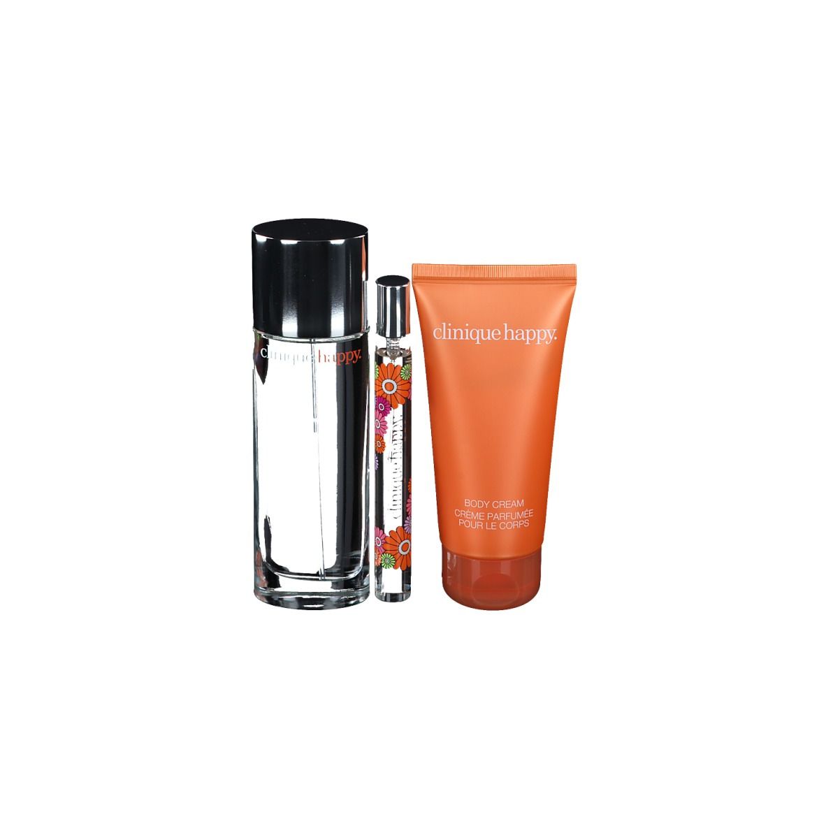 Set con flacone, roll-on e tubo. Flacone con tappo nero, roll-on con motivo floreale, tubo arancione. Tutti con scritta.
