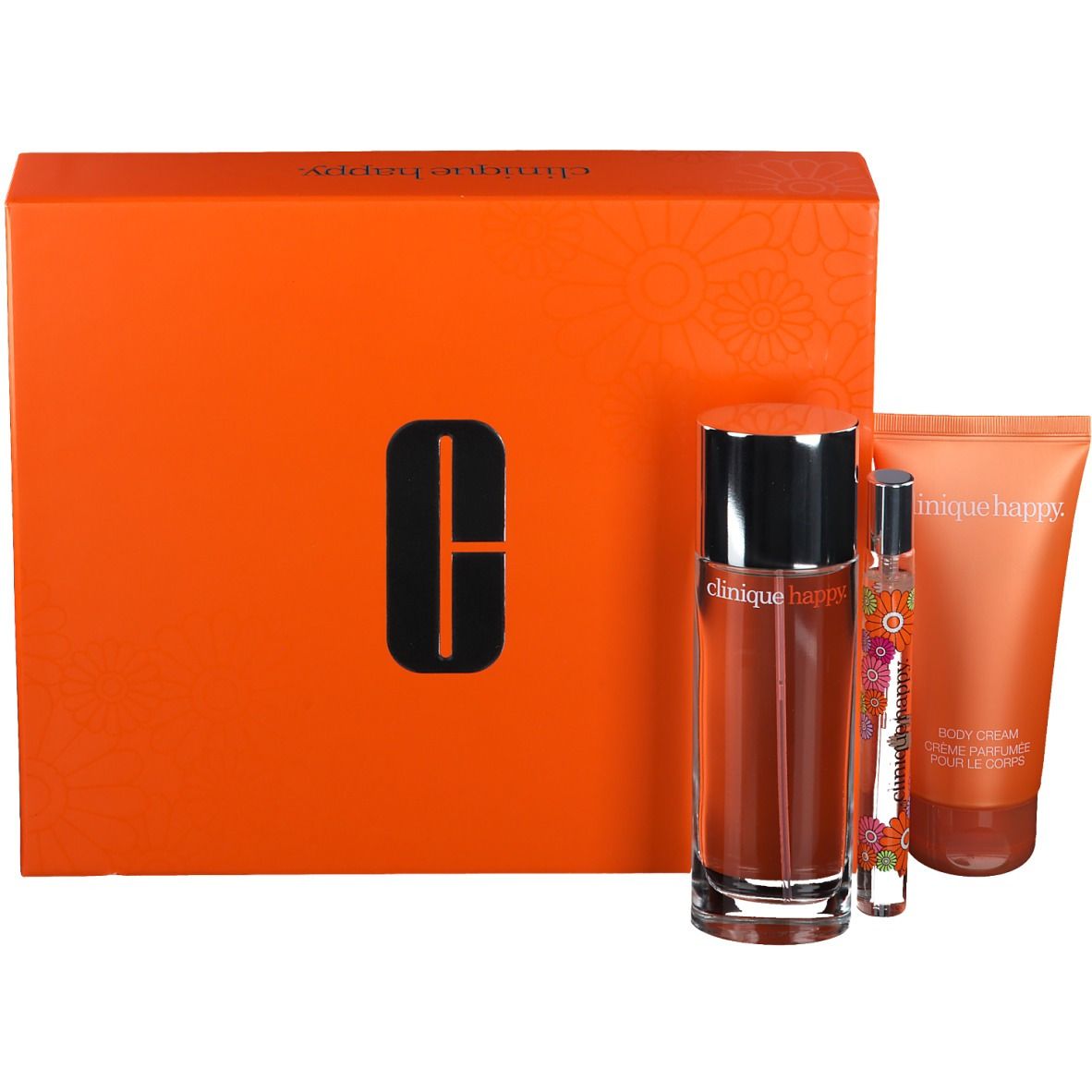 Set regalo in scatola arancione. Contiene flacone, roll-on e tubo. Scatola con logo e scritta. Prodotti con scritta.