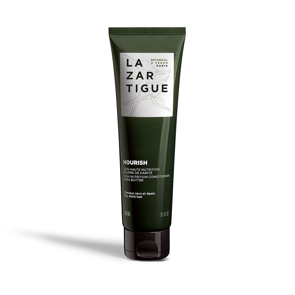 Tubo verde LAZARTIGUE NOURISH. Scritta bianca. Contiene burro di karité. Tappo nero.