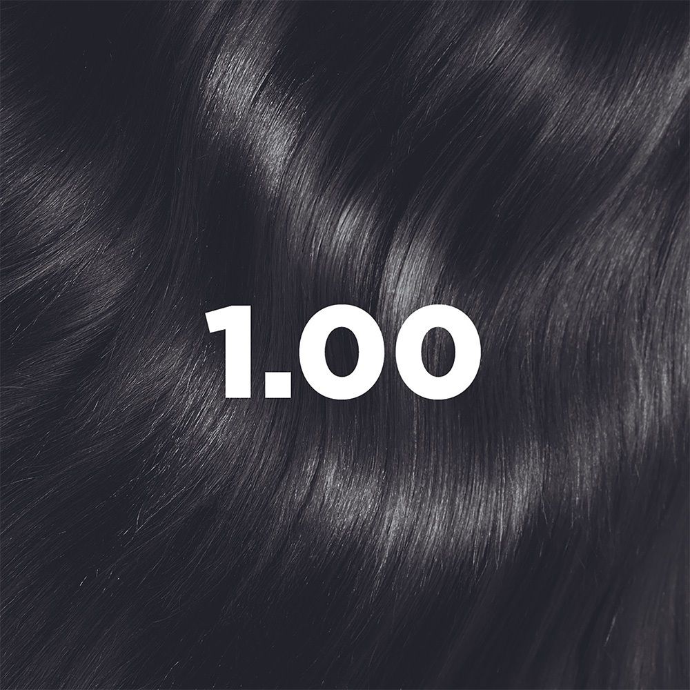 Ciocca di capelli neri con la scritta 1.00 in bianco.