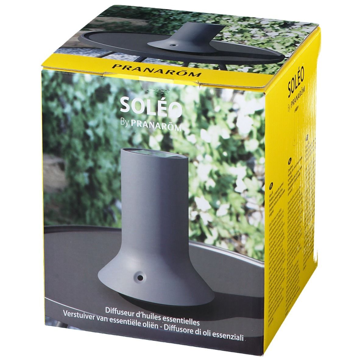 Diffusore grigio nella confezione. Scritta: SOLEO by PRANAROM. Testo: Diffusore di oli essenziali.