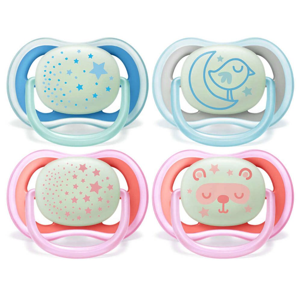 Quattro ciucci con diversi disegni. Due blu e due rosa con elementi luminosi.