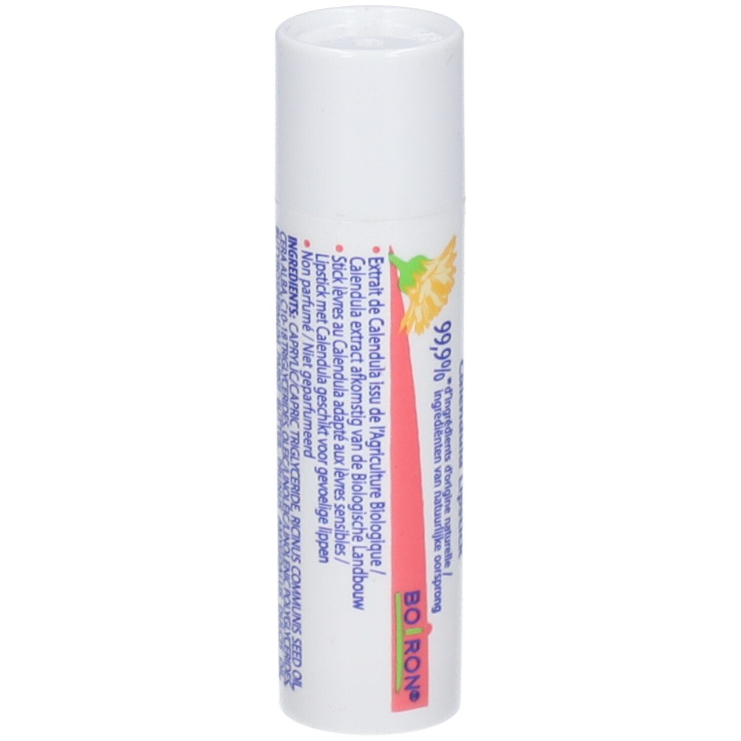 Stick balsamo labbra bianco con etichetta rossa e motivo calendula giallo. Contiene 99,9% ingredienti naturali.
