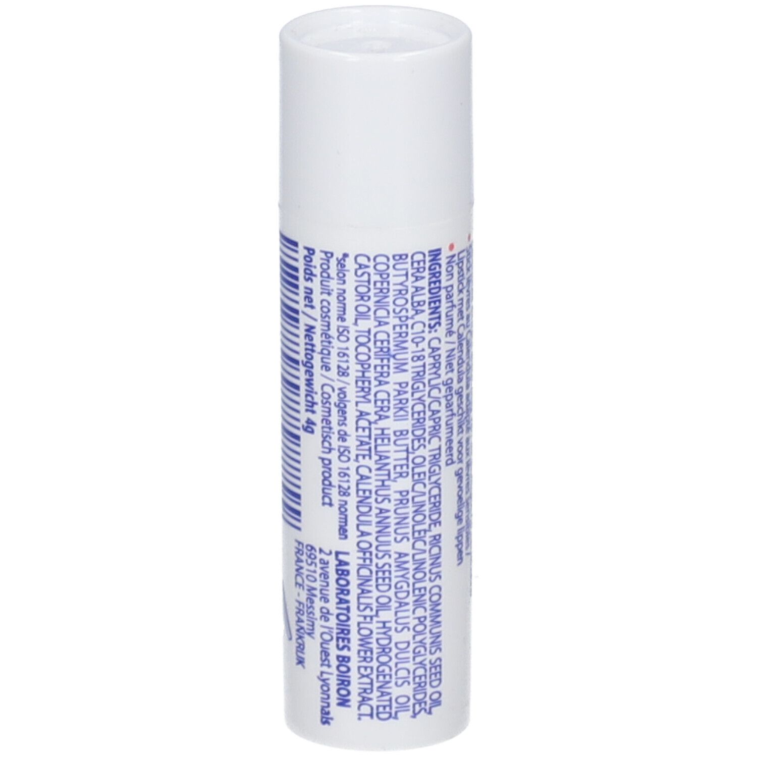 Stick balsamo labbra bianco con testo blu. Contiene ingredienti e peso netto 4g.