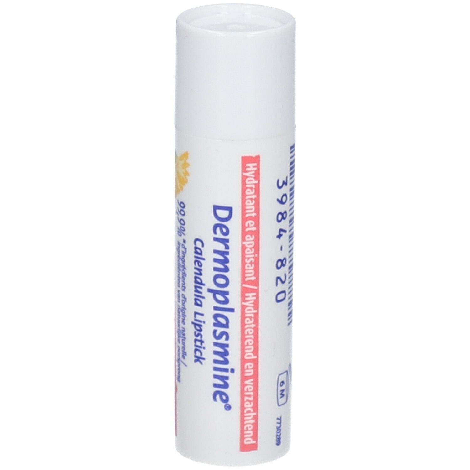 Dermoplasmine stick labbra Calendula, tubetto bianco con scritte rosse e gialle.