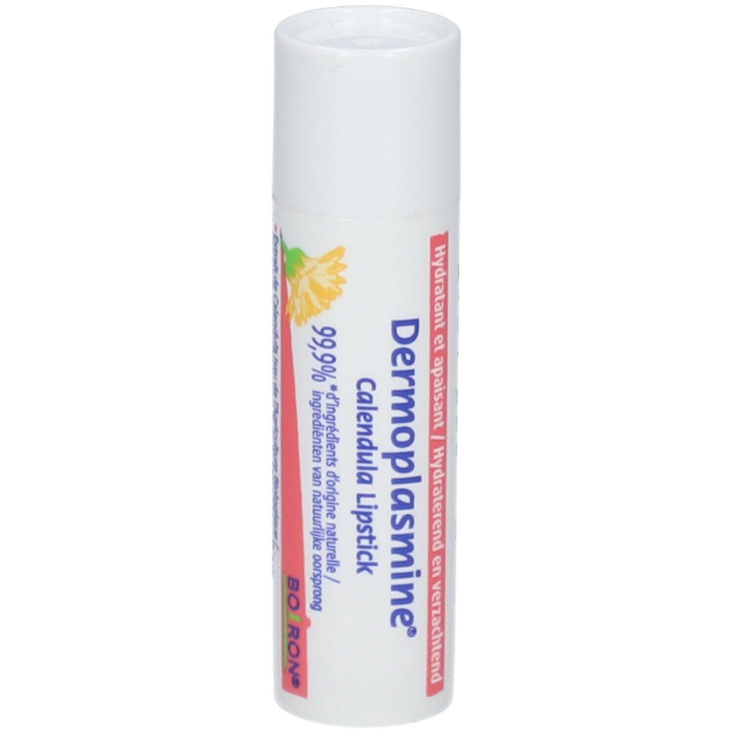 Dermoplasmine Calendula Lipstick in tubetto bianco con etichetta rossa. Contiene 99,9% ingredienti di origine naturale.