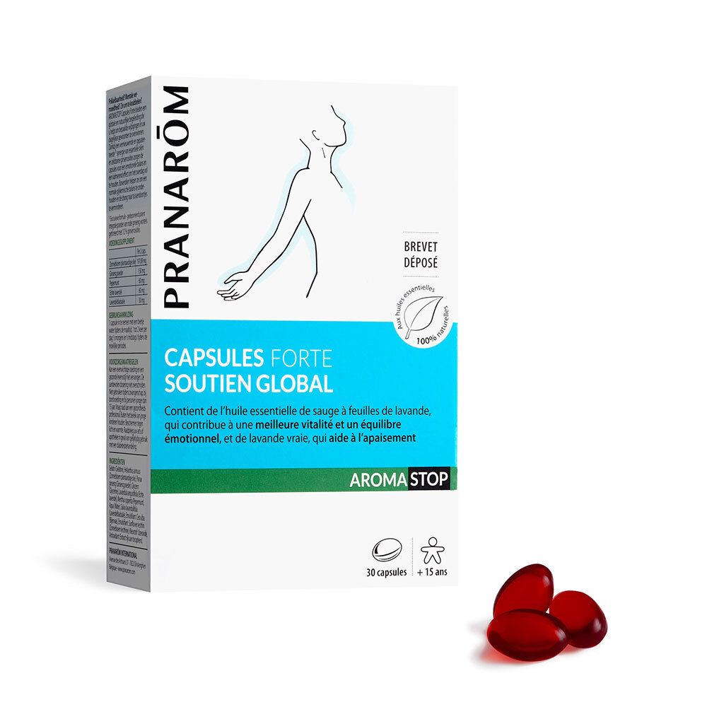 Scatola di capsule Pranarôm. Capsules Forte Soutien Global. 30 capsule. Capsule rosse accanto.