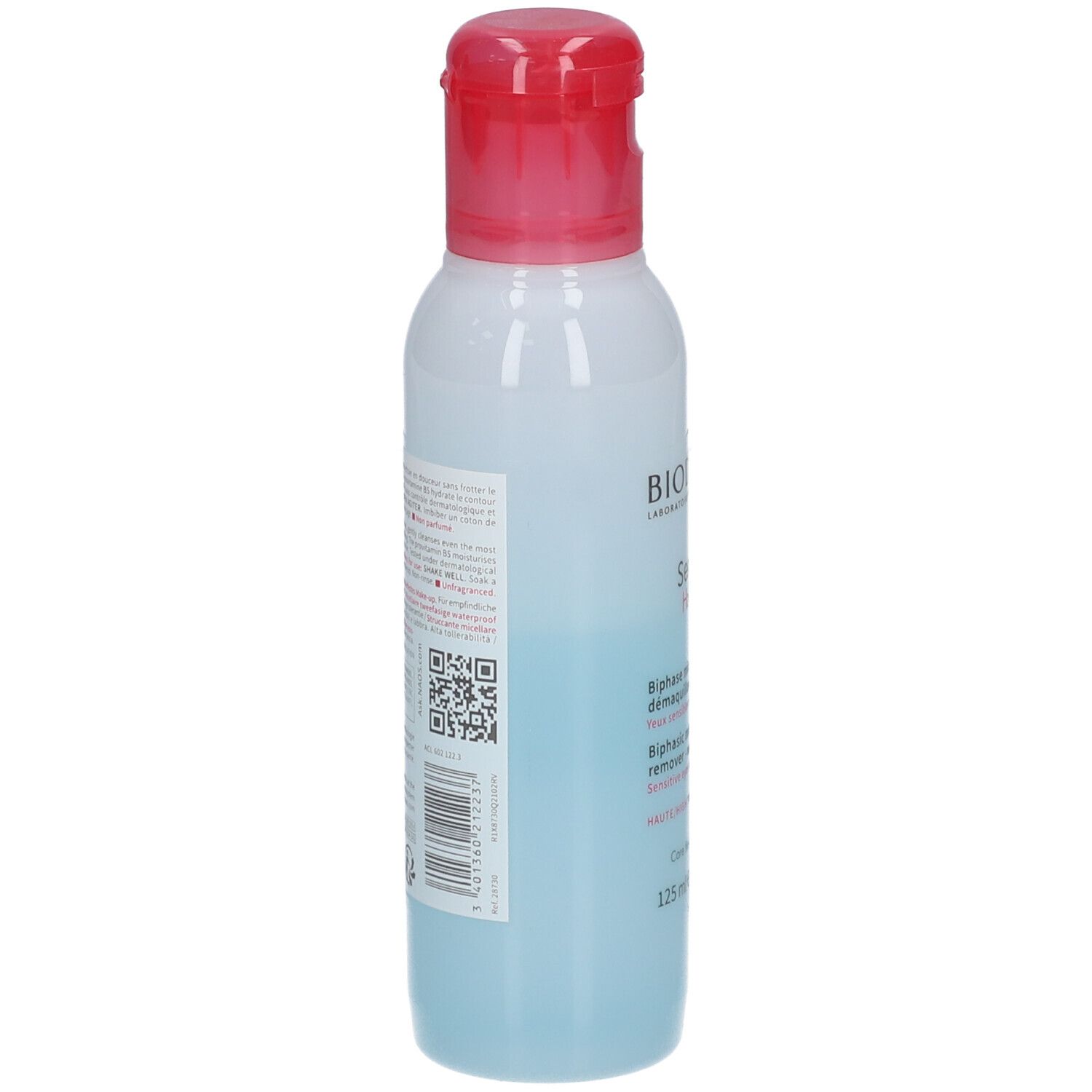Retro del flacone Bioderma Sensibio H2O Eye 125ml con ingredienti e codice QR.