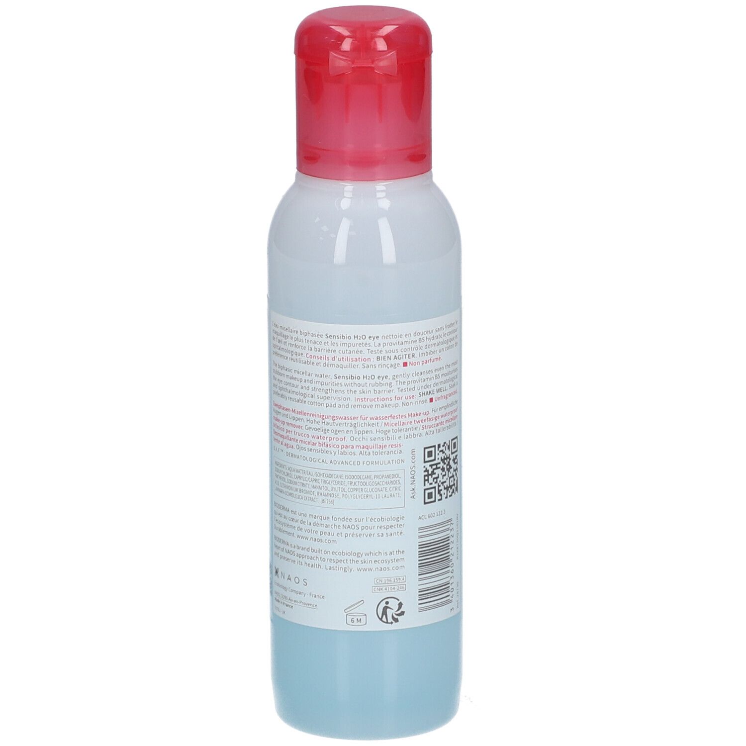 Vista laterale del flacone Bioderma Sensibio H2O Eye 125ml. Struccante bifasico.
