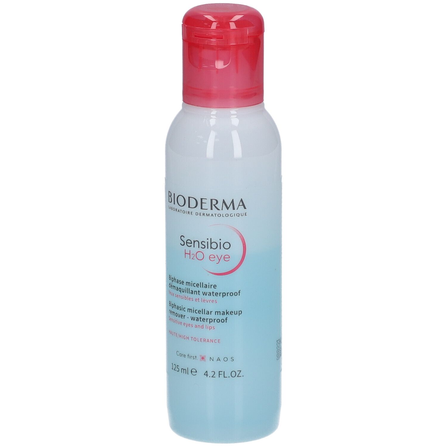 Bioderma Sensibio H2O Eye, flacone da 125ml con tappo rosso a scatto. Struccante micellare.