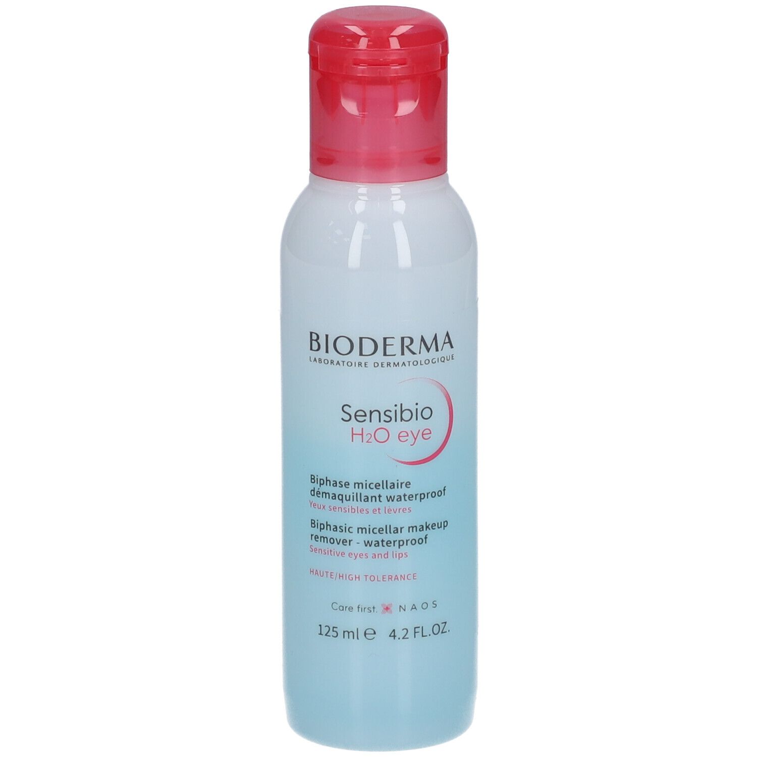 Bioderma Sensibio H2O Eye, flacone da 125ml con tappo rosso a scatto. Struccante micellare.