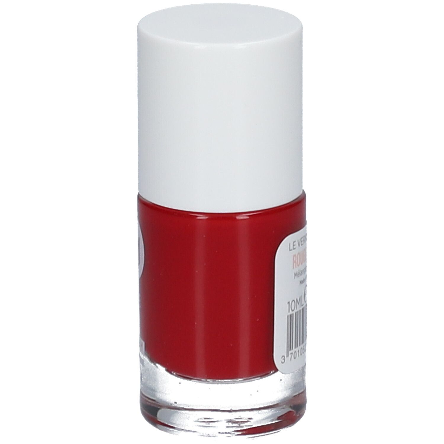 Smaltto rosso MÊME, vista posteriore. Flacone in vetro con tappo bianco ed etichetta con codice a barre.