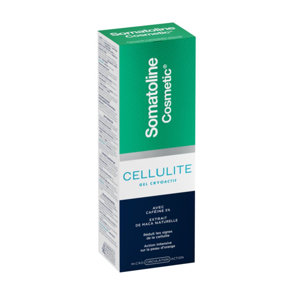 Confezione gel. Marchio Somatoline Cosmetic®. Testo: CELLULITE GEL CRYOACTIF, con caffeina 5%, Extrait de Maca Naturelle.