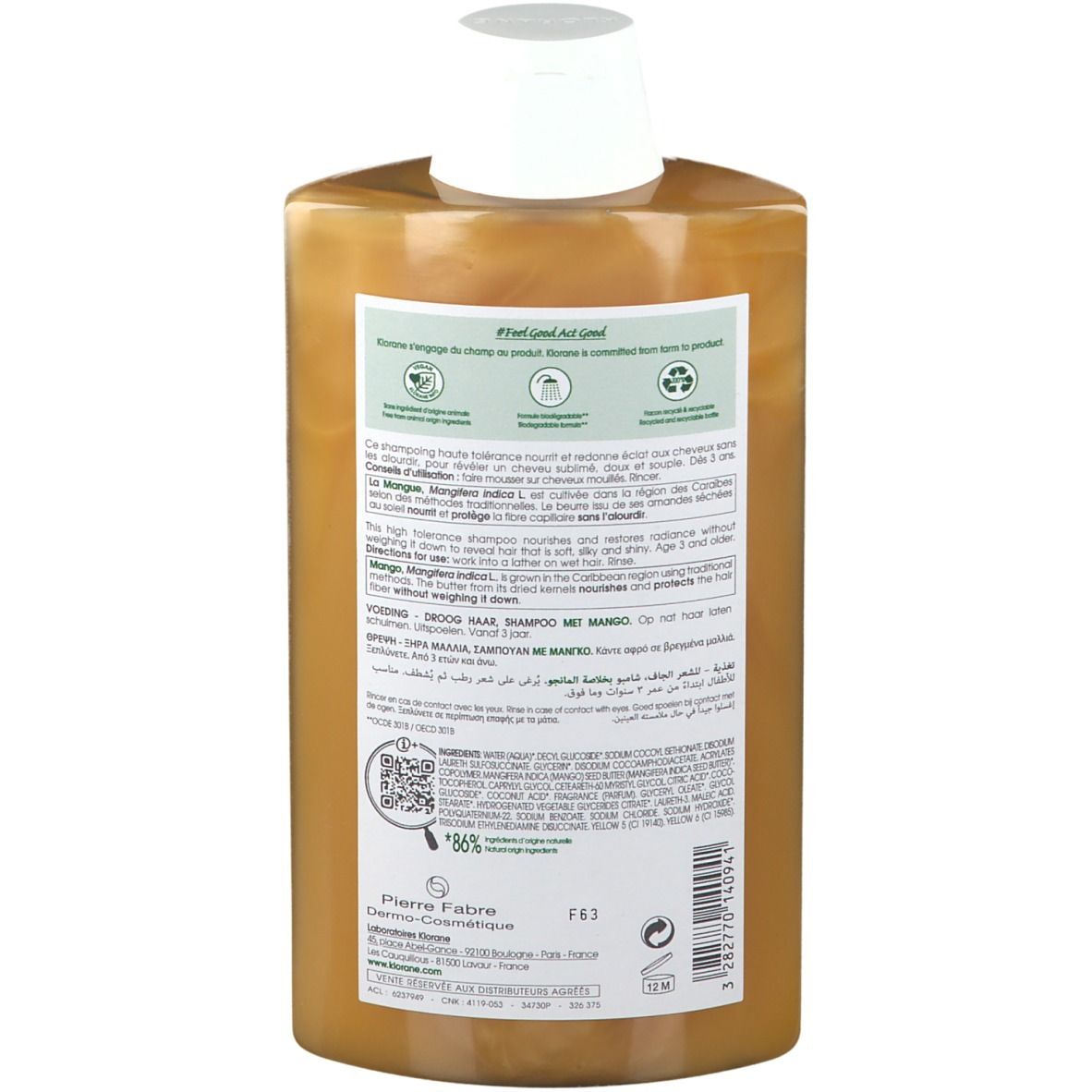 Retro di una bottiglia di shampoo dorata con tappo bianco. Etichetta con ingredienti e istruzioni per l'uso.