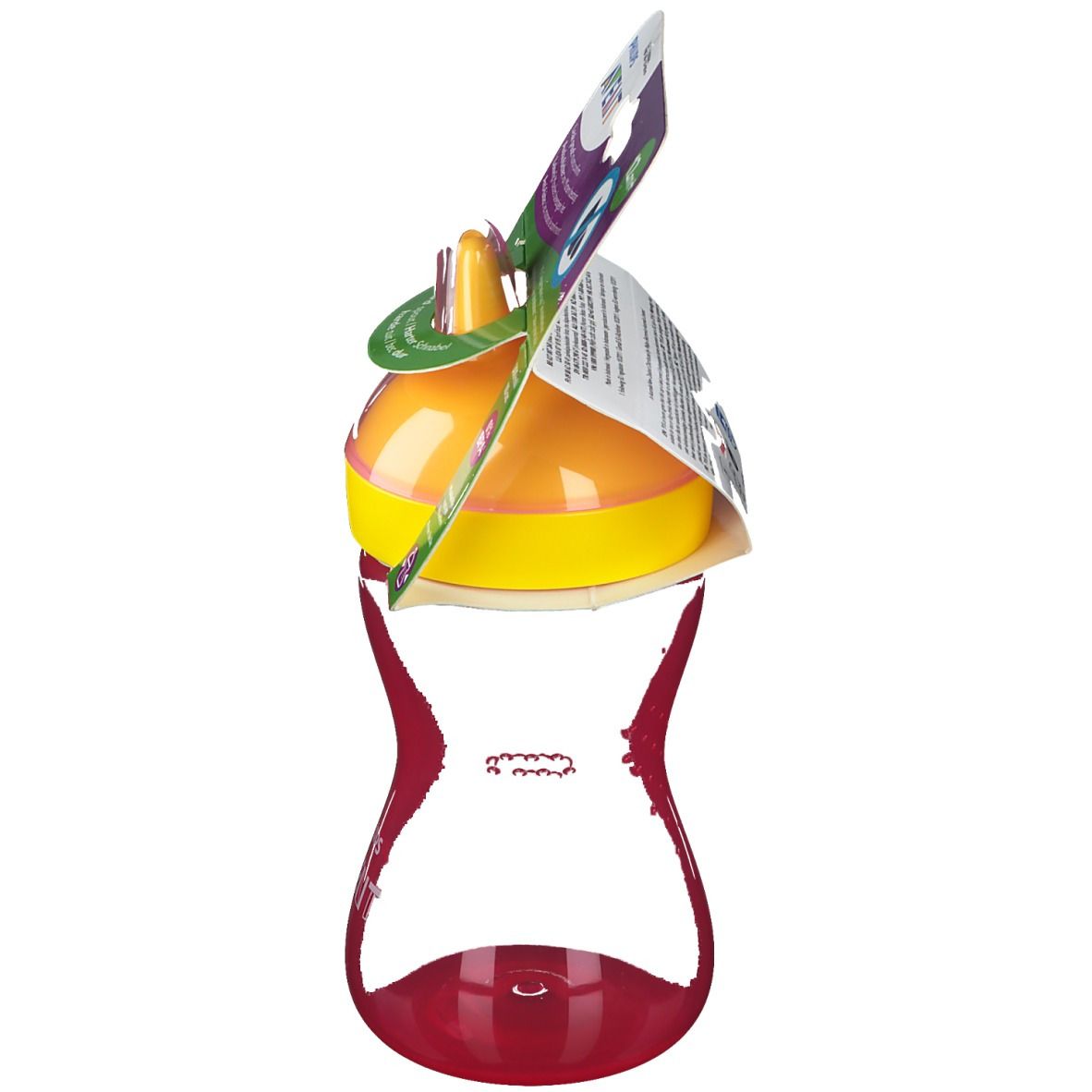 Tazza con coperchio giallo e contenitore rosso. Confezione con informazioni sul prodotto.