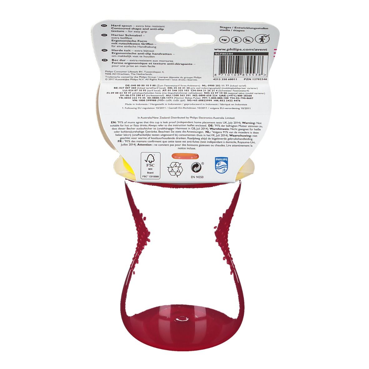 Retro della tazza con coperchio giallo e contenitore rosso. Confezione con informazioni.