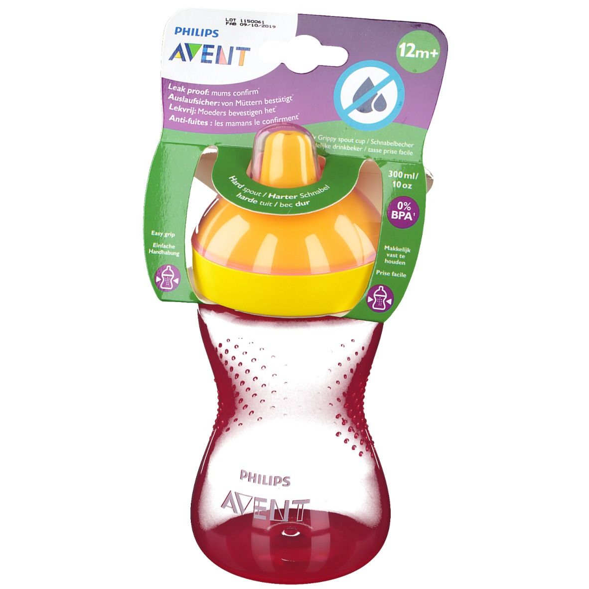 Tazza con coperchio giallo e contenitore rosso. Confezione con informazioni sul prodotto.