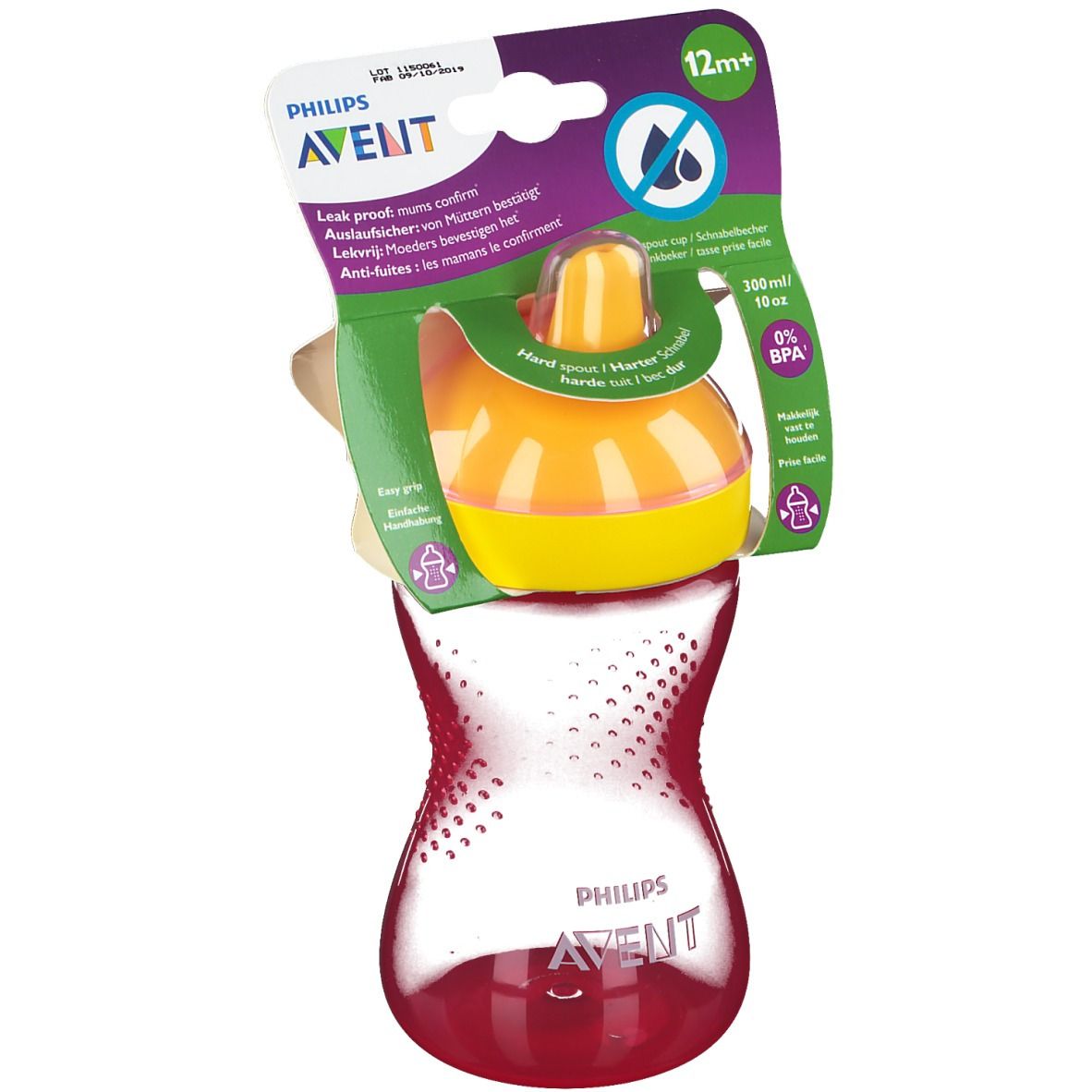 Tazza con coperchio giallo e contenitore rosso. Confezione con informazioni sul prodotto.