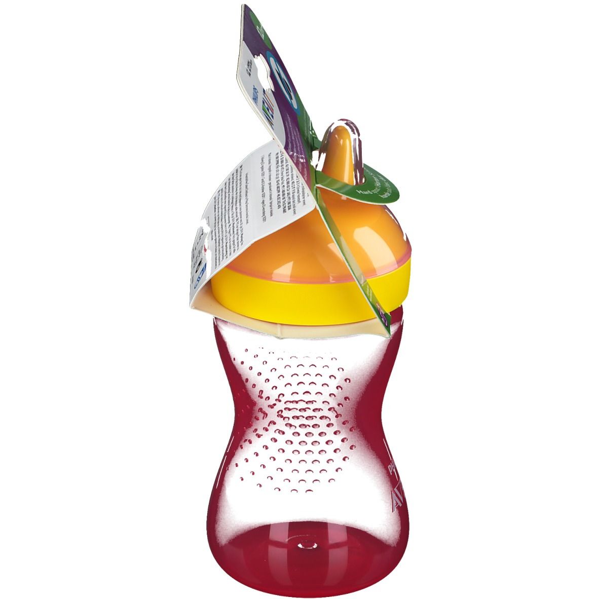 Tazza con coperchio giallo e contenitore rosso. Confezione con informazioni sul prodotto.