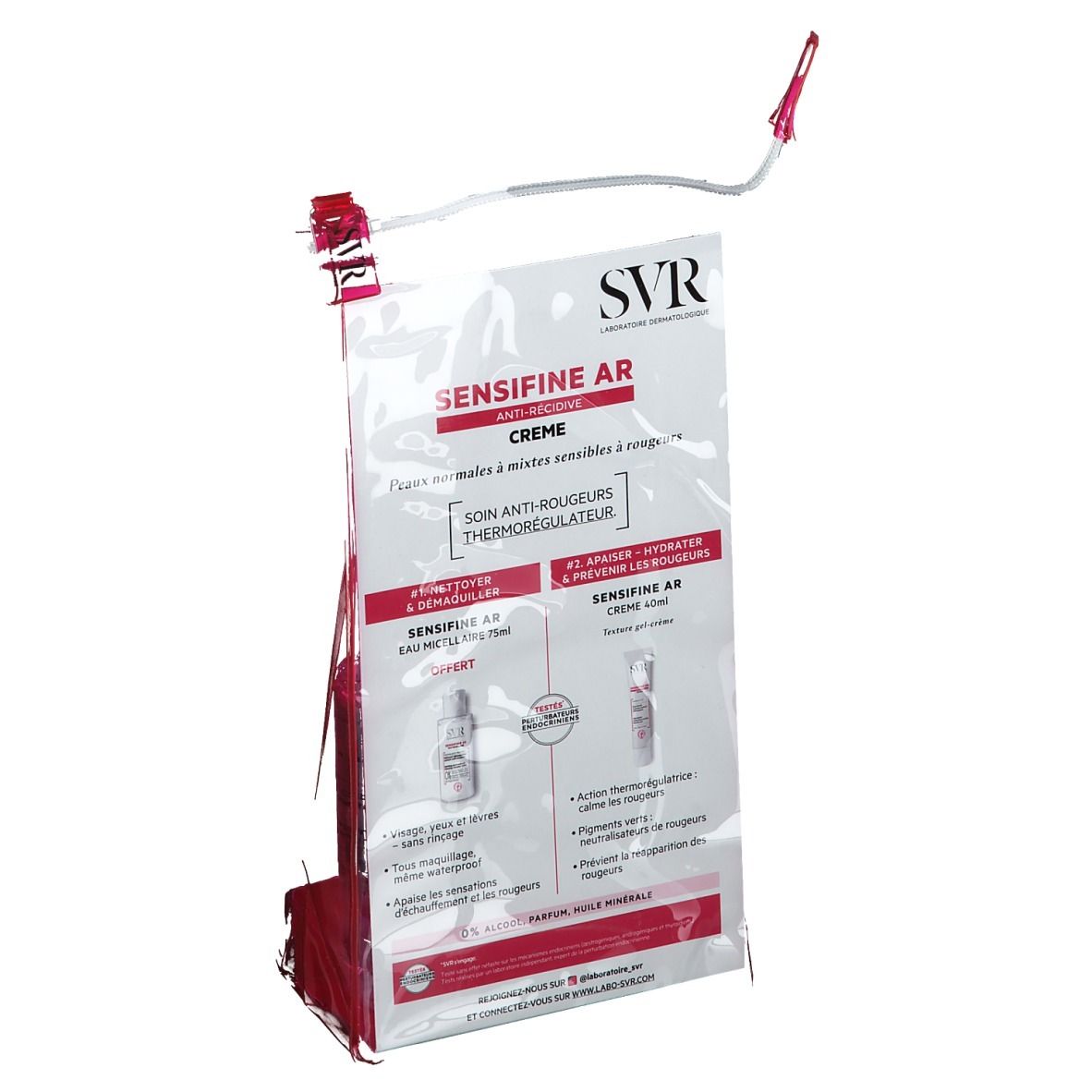 Borsa trasparente rosa con informazioni sul prodotto. Include una bottiglia e una scatola. Marchio SVR e nome del prodotto Sensifine AR visibili.