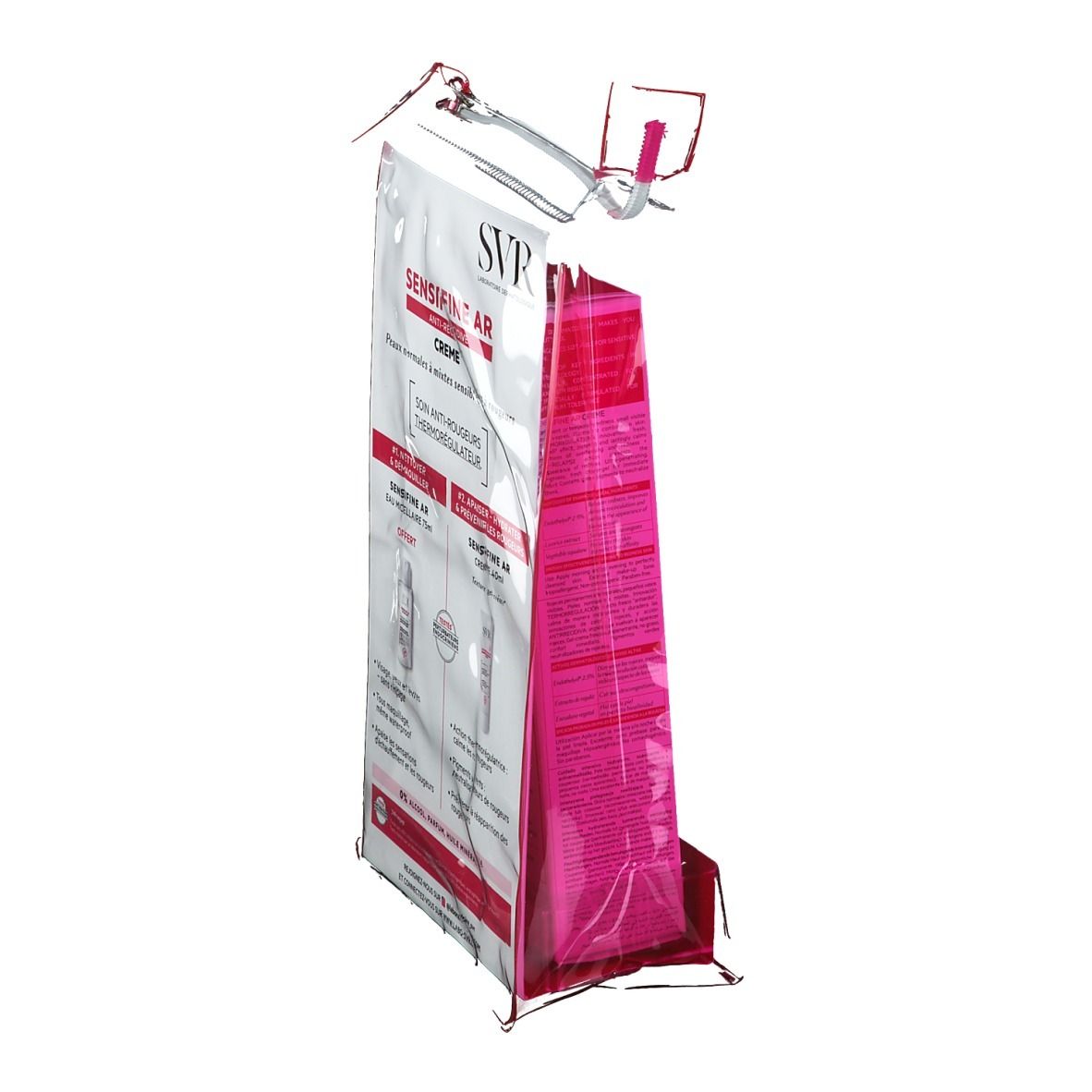 Borsa trasparente rosa con una scatola bianca e rossa. La scatola riporta il marchio SVR e il nome del prodotto Sensifine AR. Vista laterale.