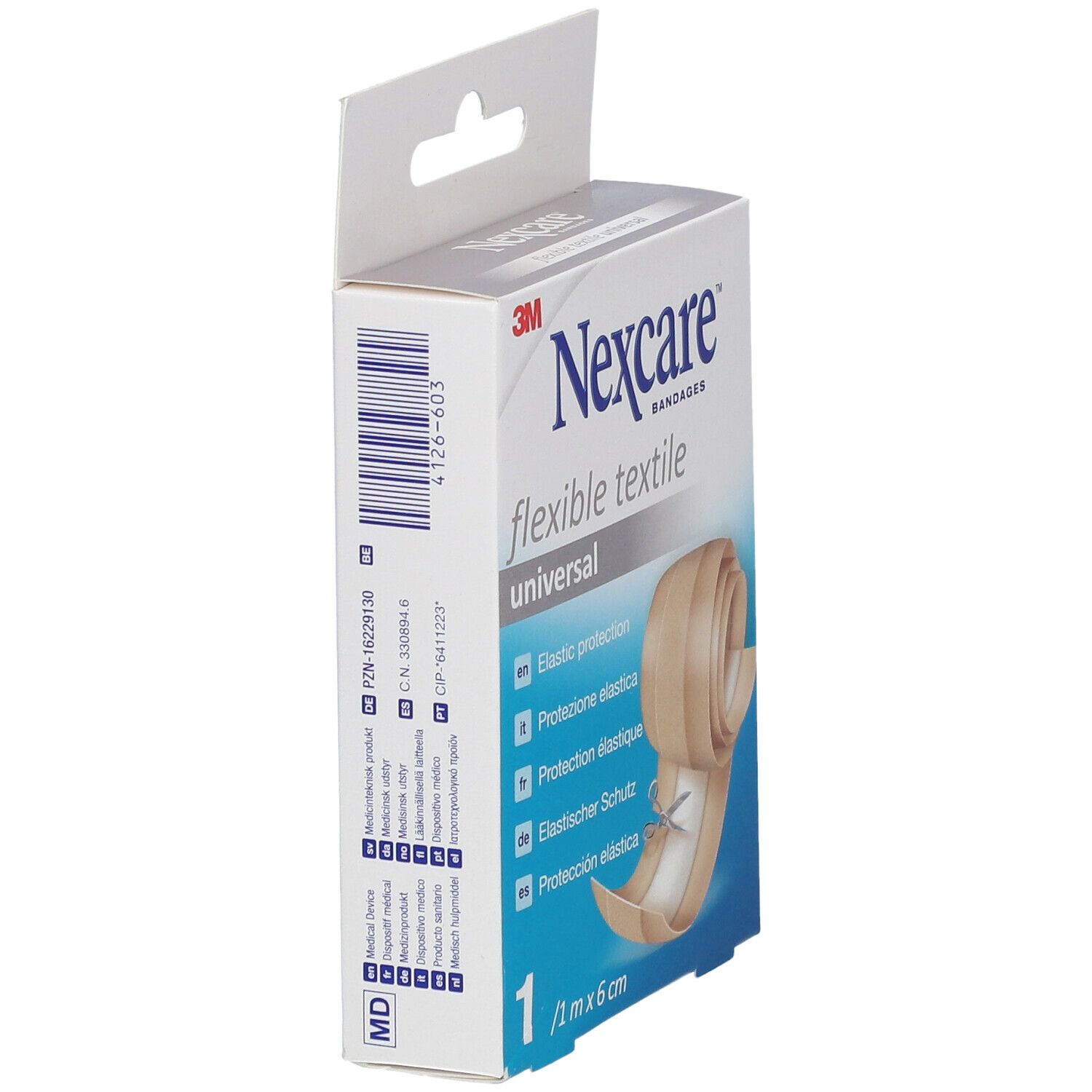 Confezione di cerotti Nexcare Flexible Textile Universal. Vista laterale. 1 m x 6 cm.