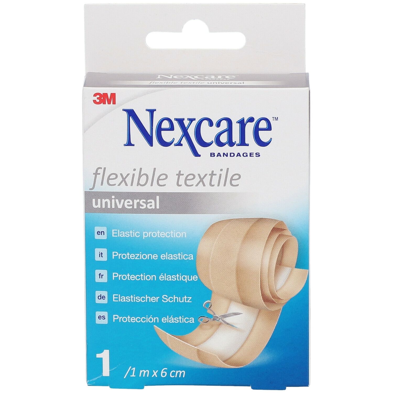 Confezione di cerotti Nexcare Flexible Textile Universal. Rotolo beige con forbici. 1 m x 6 cm.