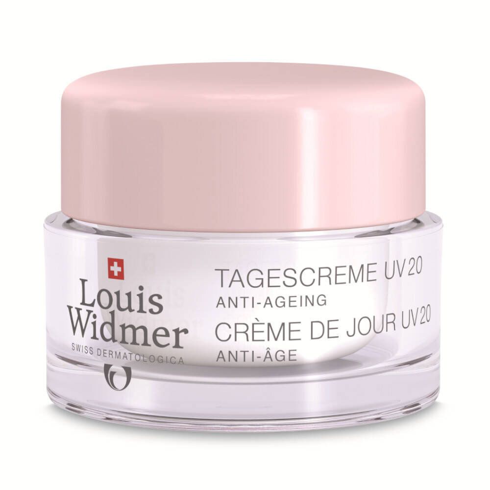 Vasetto di crema con coperchio rosa. Scritta: Crema Giorno UV20, Anti-età. Logo: Louis Widmer, croce svizzera.