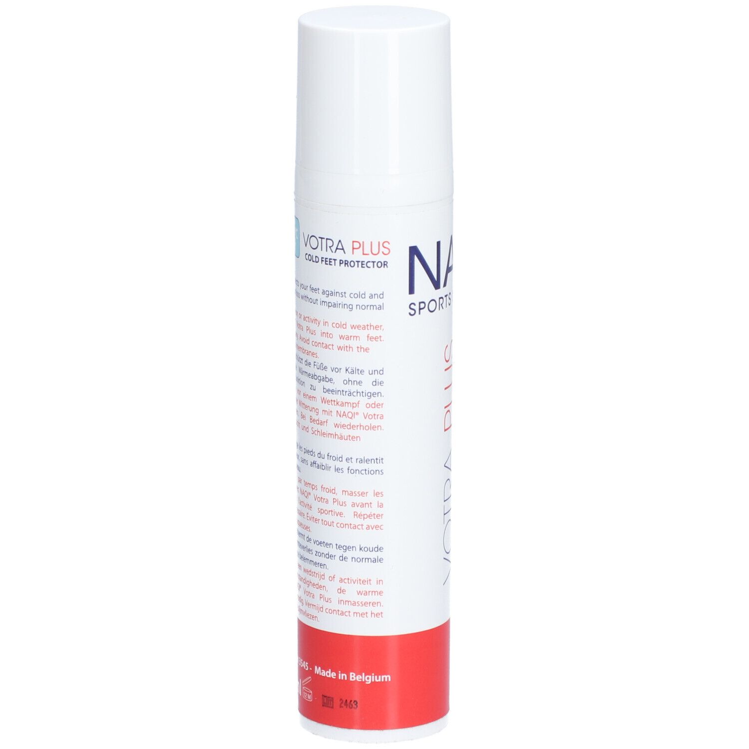 Tubo bianco con base rossa. Testo multilingue. Scritta: NAQI SPORTS LOTIONS, VOTRA PLUS COLD FEET PROTECTOR.