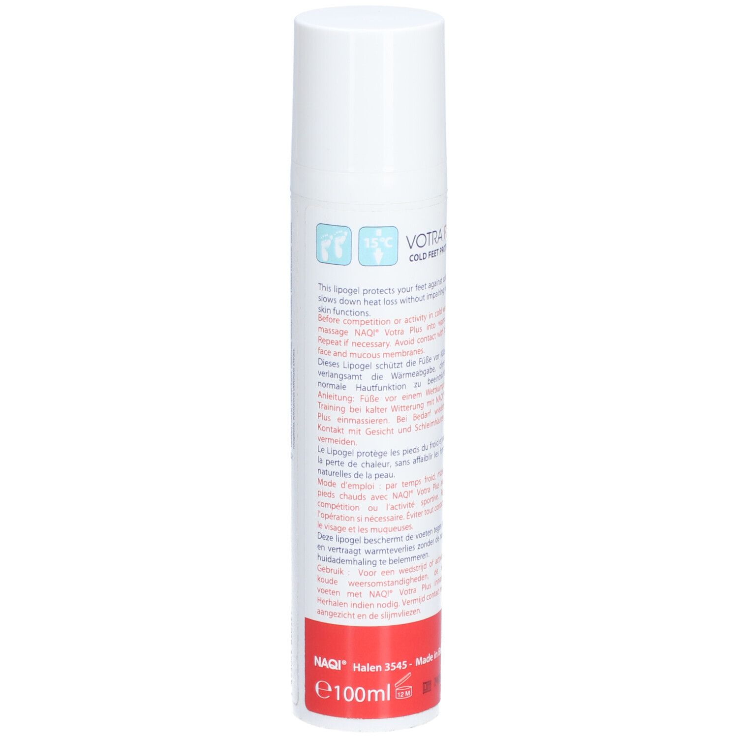 Tubo bianco con base rossa. Testo multilingue. Scritta: NAQI SPORTS LOTIONS, VOTRA PLUS COLD FEET PROTECTOR. E100ml.