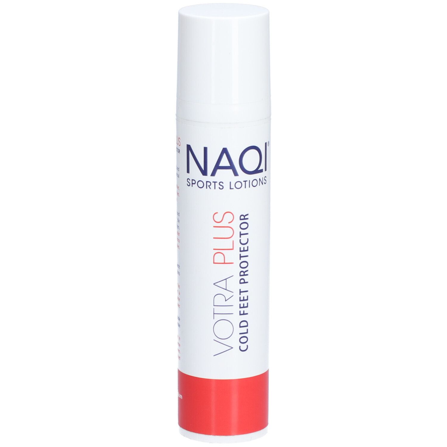 Tubo bianco con base rossa. Scritta: NAQI SPORTS LOTIONS, VOTRA PLUS COLD FEET PROTECTOR.