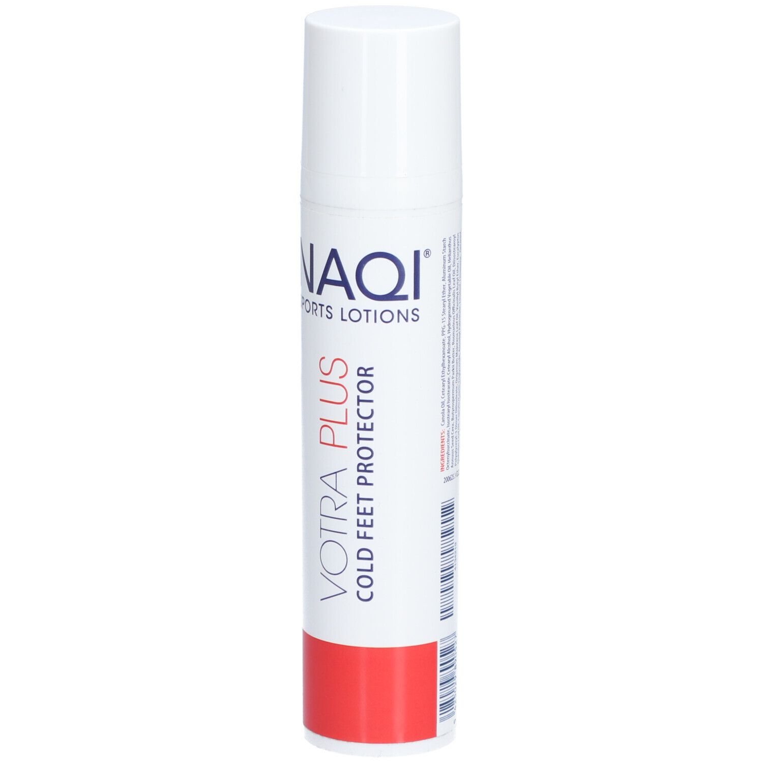 Tubo bianco con base rossa. Scritta: NAQI SPORTS LOTIONS, VOTRA PLUS COLD FEET PROTECTOR.