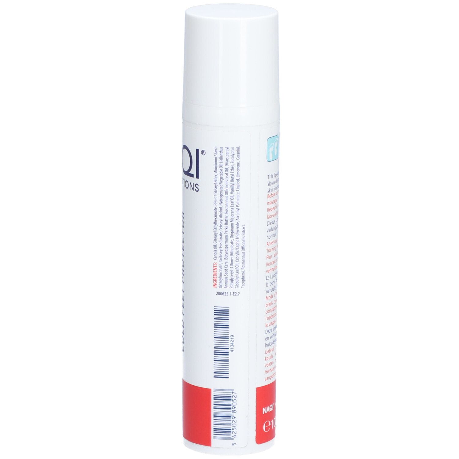Tubo bianco con base rossa. Testo e codice a barre. Scritta: NAQI SPORTS LOTIONS, VOTRA PLUS COLD FEET PROTECTOR.