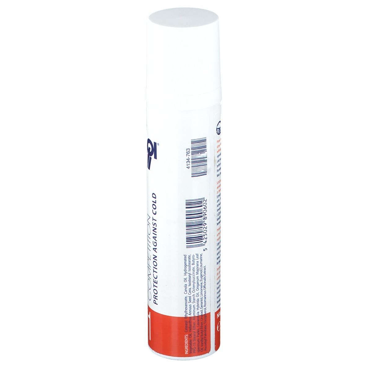 Flacone spray bianco. Retro con codice a barre e testo. Nome del prodotto illeggibile. Indirizzo del produttore.