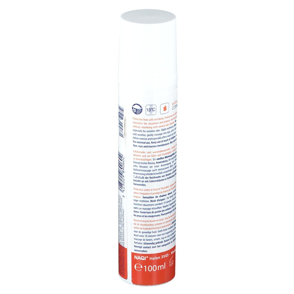 Flacone spray bianco. Retro con testo. Nome del prodotto illeggibile. Volume: 100ml.