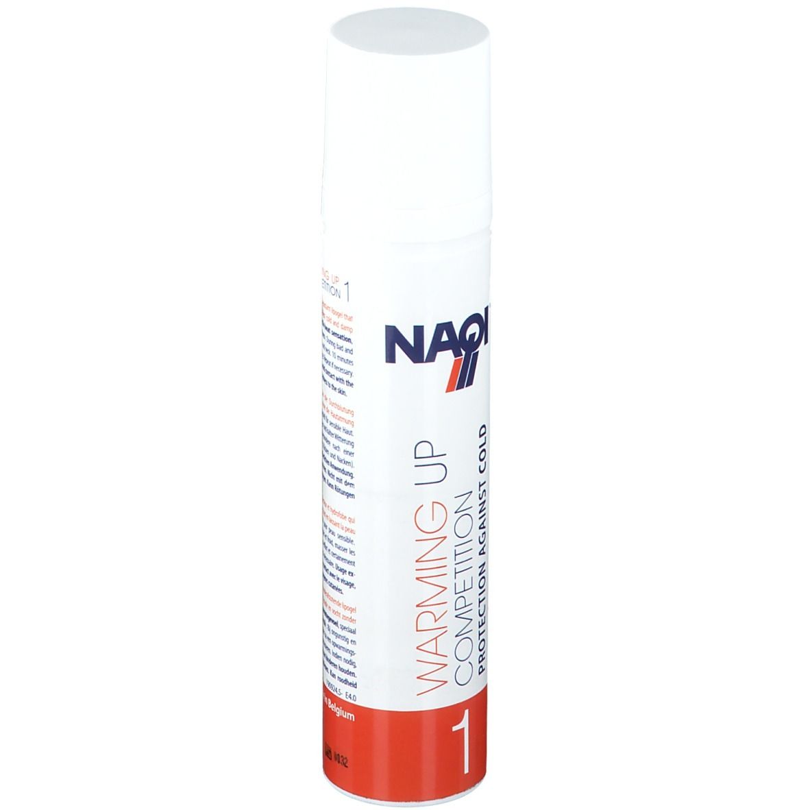 Flacone spray bianco. Scritta: NAQI, WARMING UP, COMPETITION, PROTECTION AGAINST COLD. Numero 1.