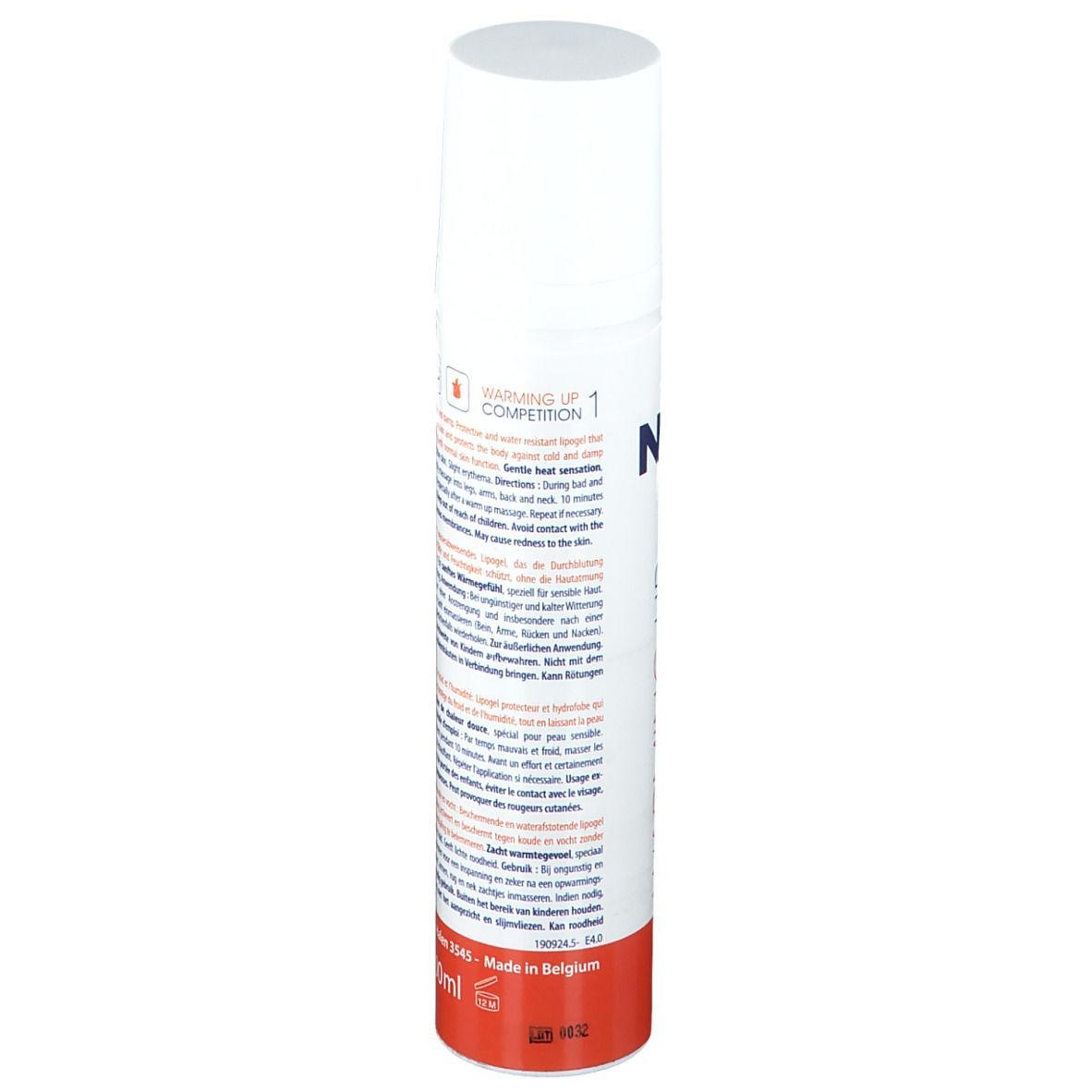 Flacone spray bianco. Retro con testo. Nome del prodotto illeggibile. Volume: 100ml. Prodotto in Belgio.