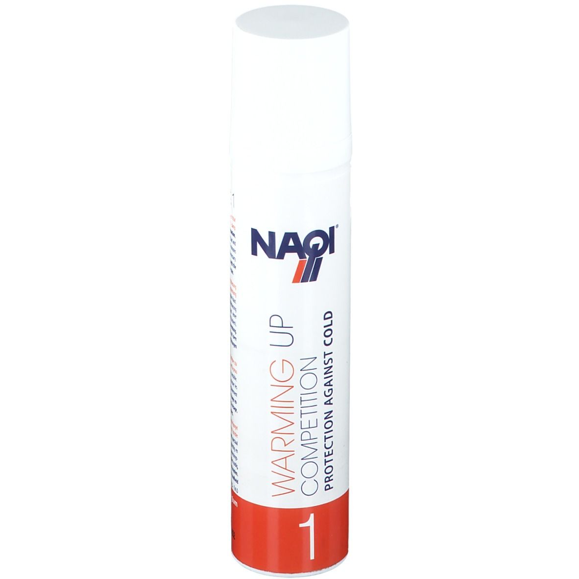 Flacone spray bianco con base rossa. Scritta: NAQI, WARMING UP COMPETITION, PROTECTION AGAINST COLD. Numero 1.