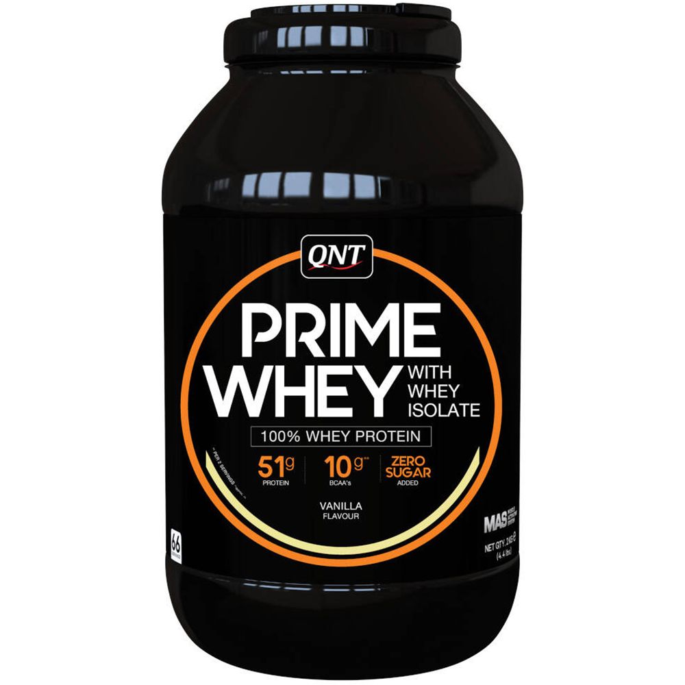 Barattolo nero QNT Prime Whey. Scritta: 100% Whey Protein, gusto vaniglia, Zero Sugar.