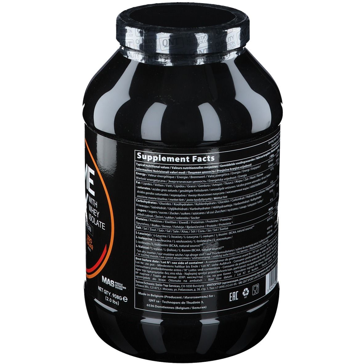 Barattolo nero con informazioni nutrizionali. Testo multilingue. Informazioni produttore e codice a barre.