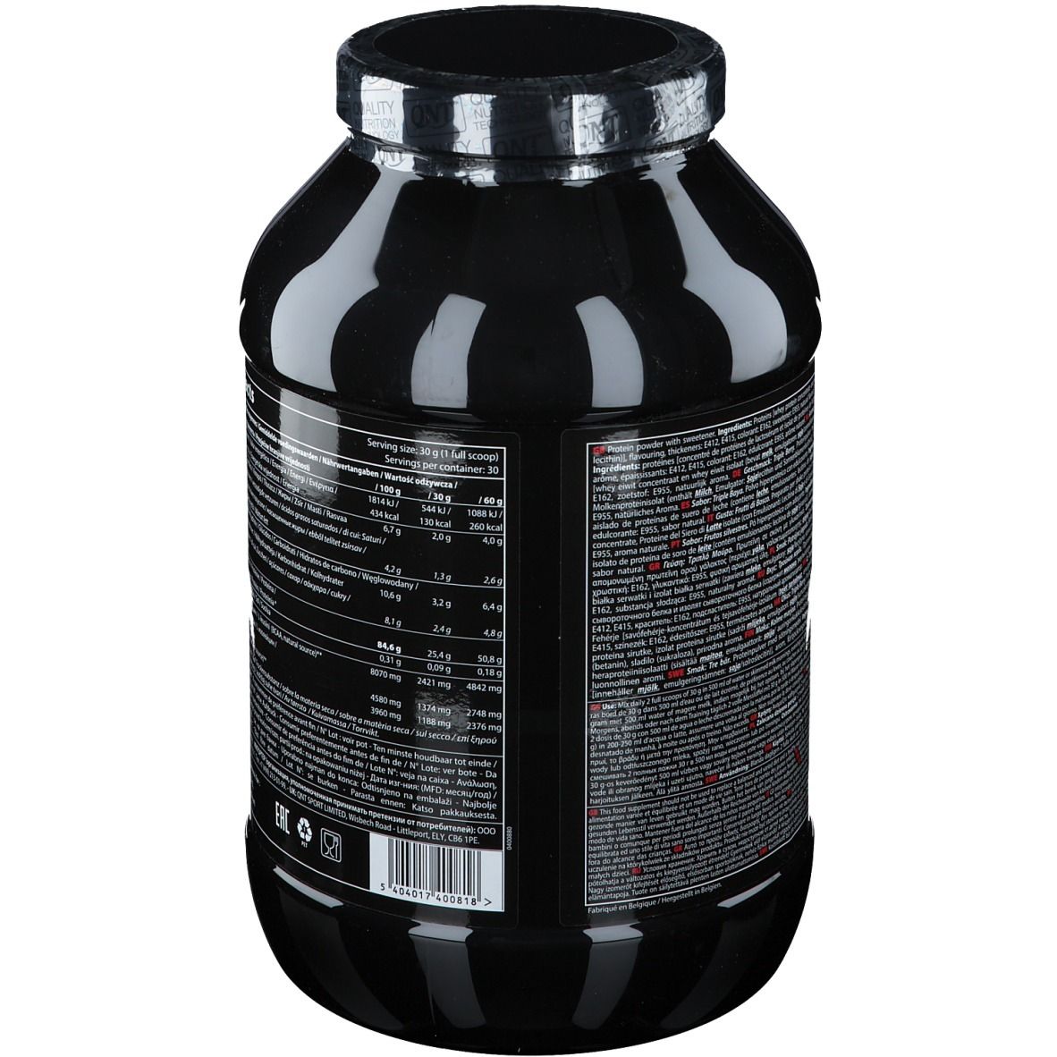 Barattolo nero con informazioni nutrizionali. Testo multilingue. Informazioni produttore e codice a barre.