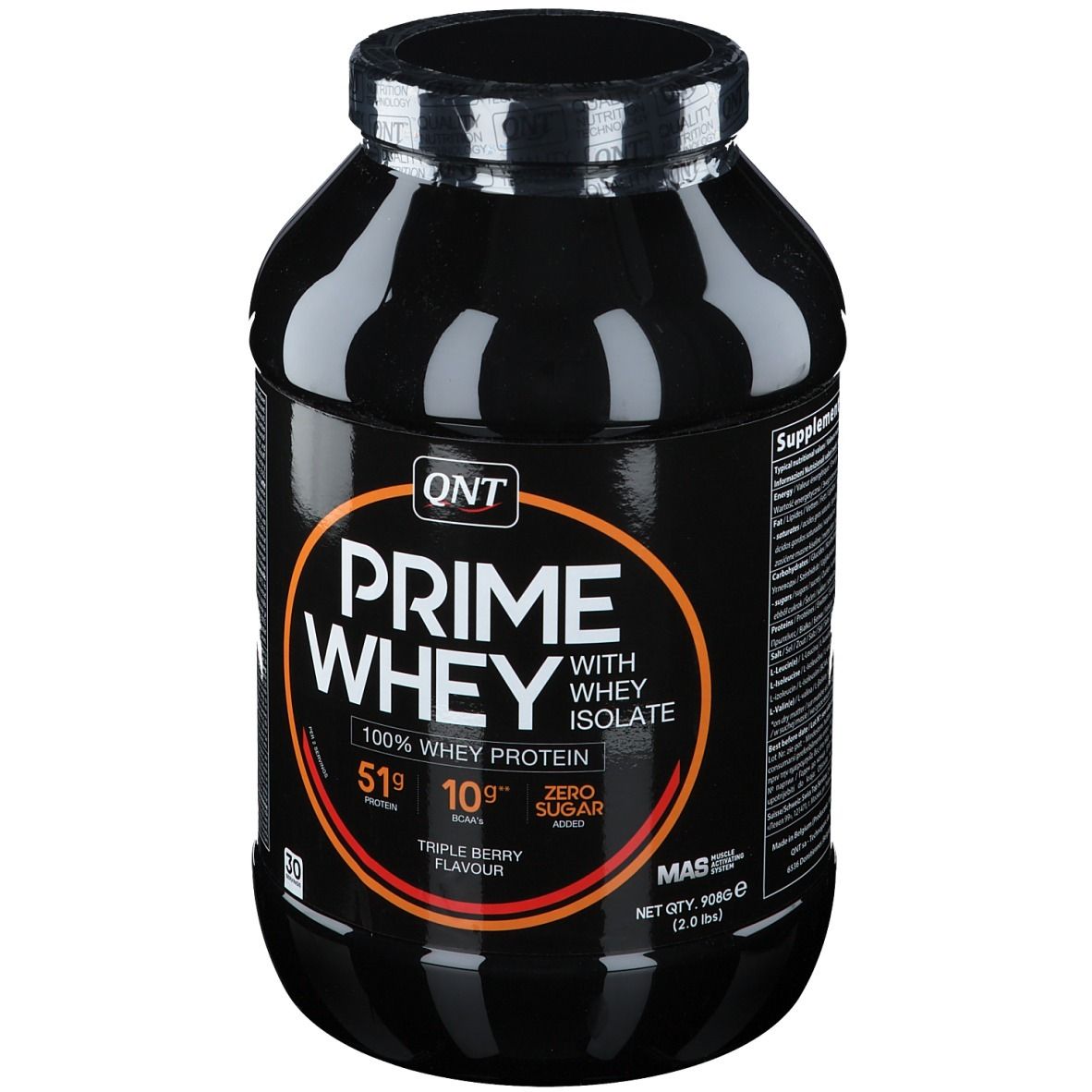 Barattolo nero QNT Prime Whey. Scritta: 100% Whey Protein, 51g proteine, 10.9g zuccheri, Zero Sugar. Triple Berry Flavour.