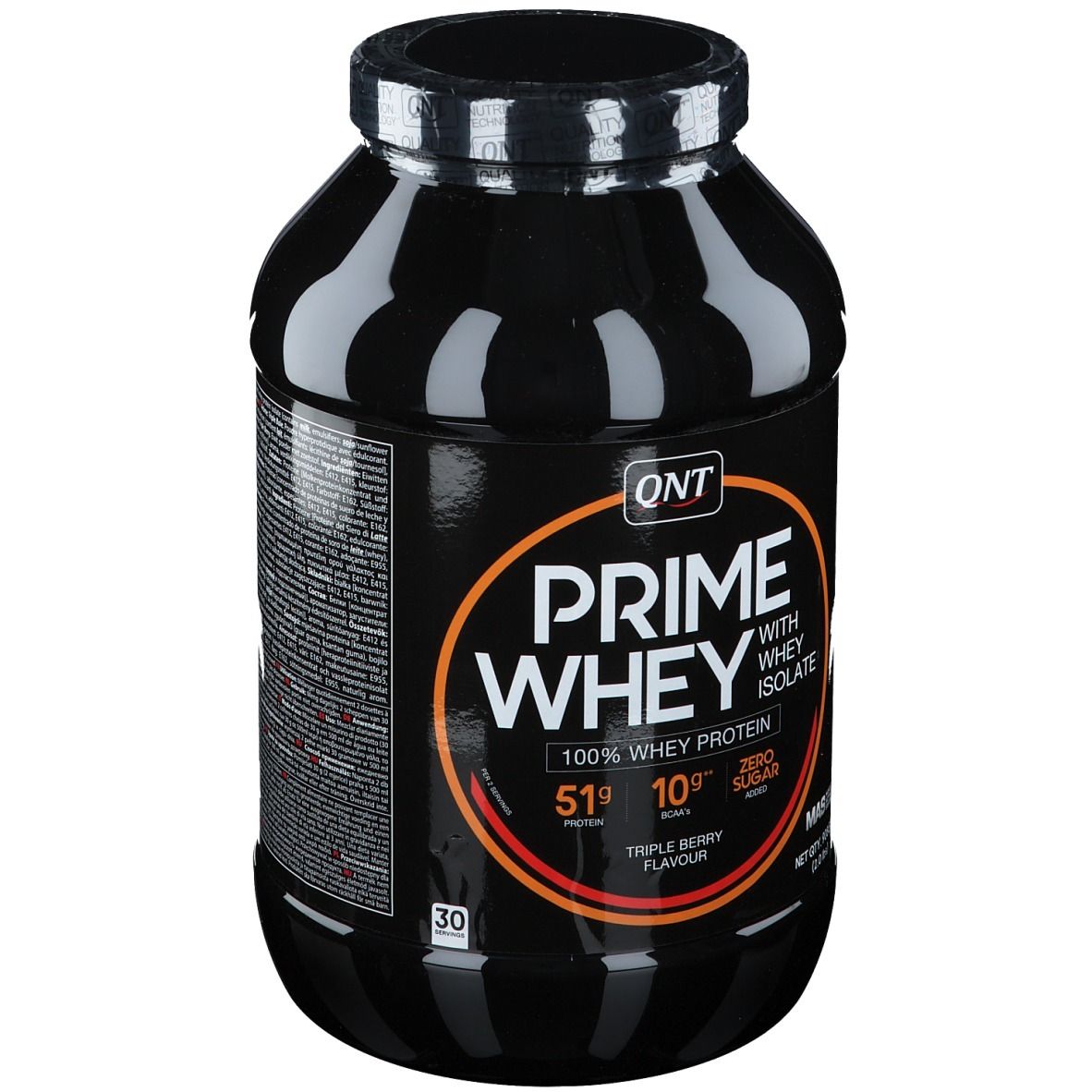 Barattolo nero QNT Prime Whey. Scritta: 100% Whey Protein, 51g proteine, 10.9g zuccheri, Zero Sugar. Triple Berry Flavour.