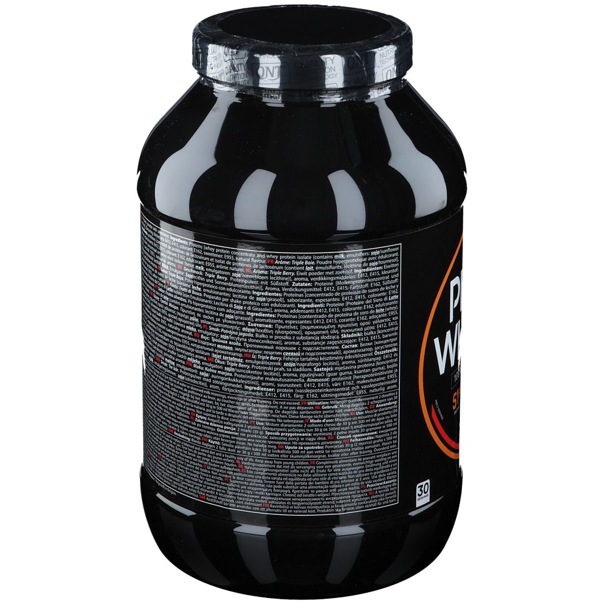 Barattolo nero con testo. Retro con informazioni nutrizionali e produttore. Codice a barre.