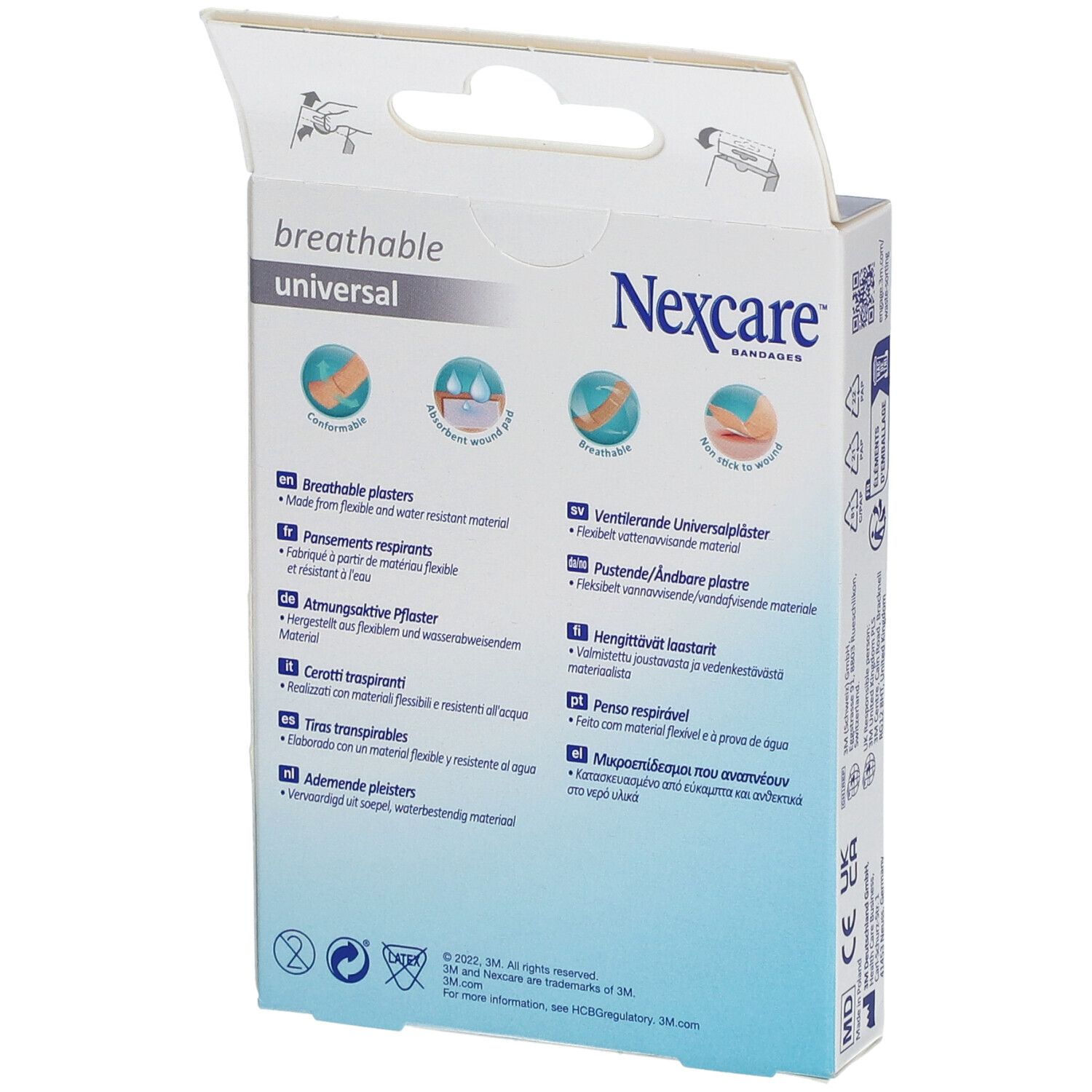 Cerotti universali Nexcare, 20 pezzi. Retro della confezione con caratteristiche del prodotto e descrizioni multilingue.
