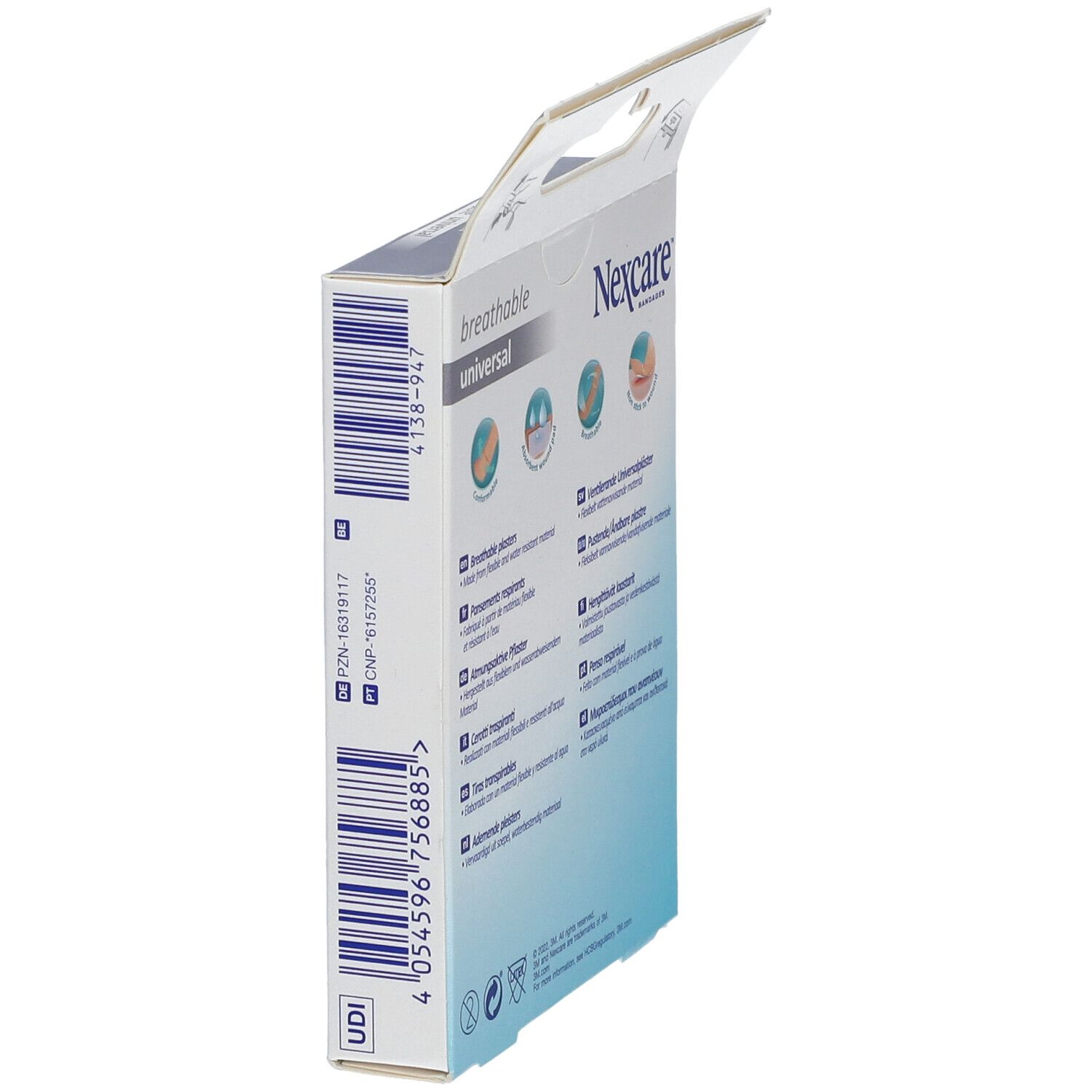 Cerotti universali Nexcare, 20 pezzi. Vista laterale della confezione con codice a barre e informazioni sul prodotto.