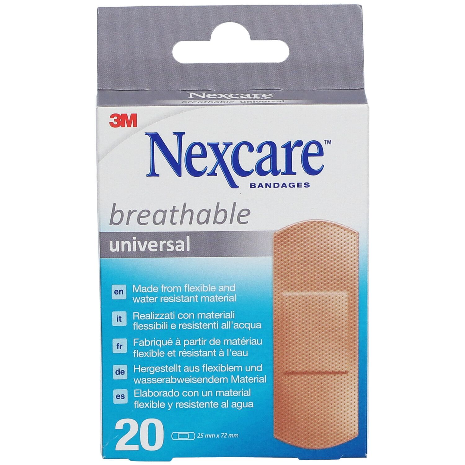 Cerotti universali Nexcare, 20 pezzi. Parte anteriore della confezione con immagine del prodotto e dettagli.