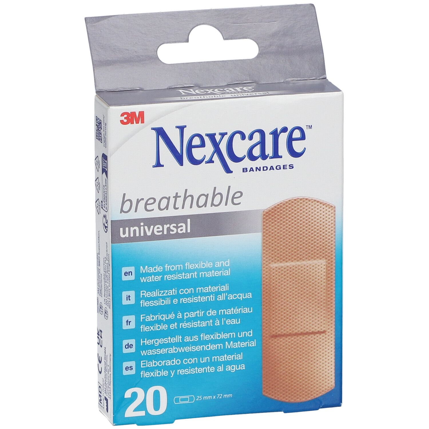 Cerotti universali Nexcare, 20 pezzi. Parte anteriore della confezione con immagine del prodotto e dettagli.