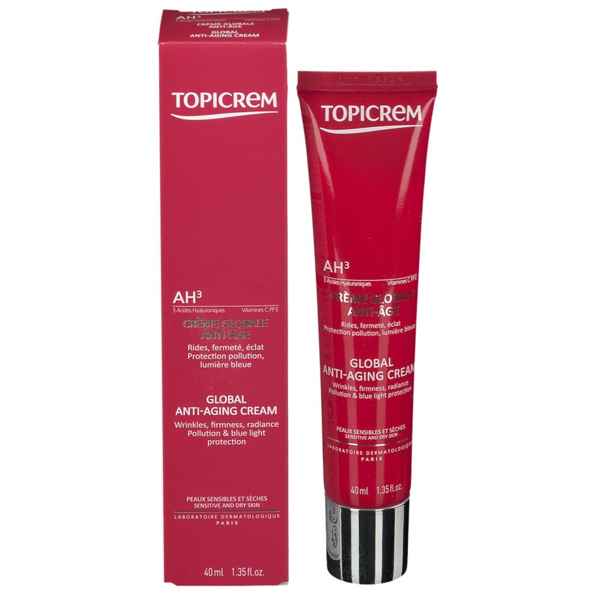Tubo e scatola rossi. Scritta TOPICREM e AH3. Testo: Crema Anti-Età Globale. 40ml.