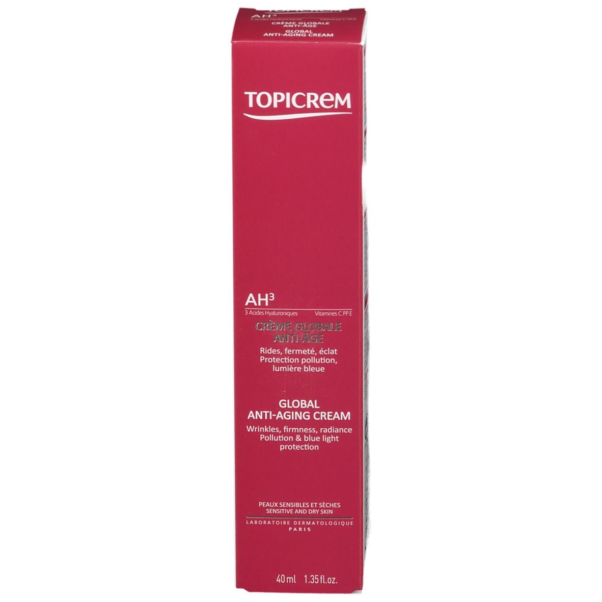Scatola rossa. Scritta TOPICREM e AH3. Testo: Crema Anti-Età Globale. 40ml.